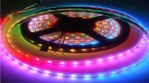An addressable LED strip displaying different colors
