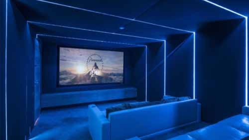 Blue neon lighting in a home theatre